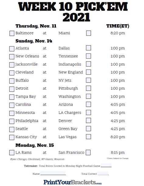 Your Ultimate Companion: The Essential NFL Week 10 Printable Schedule for Every Fan!