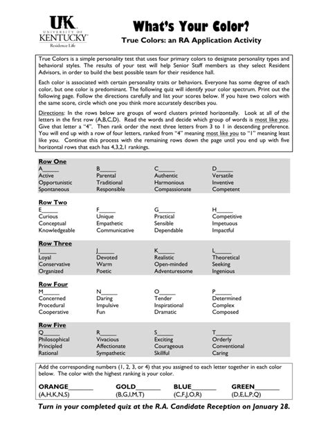 Discover Your Authentic Self: Unlocking Insights with the True Colors Personality Test Printable