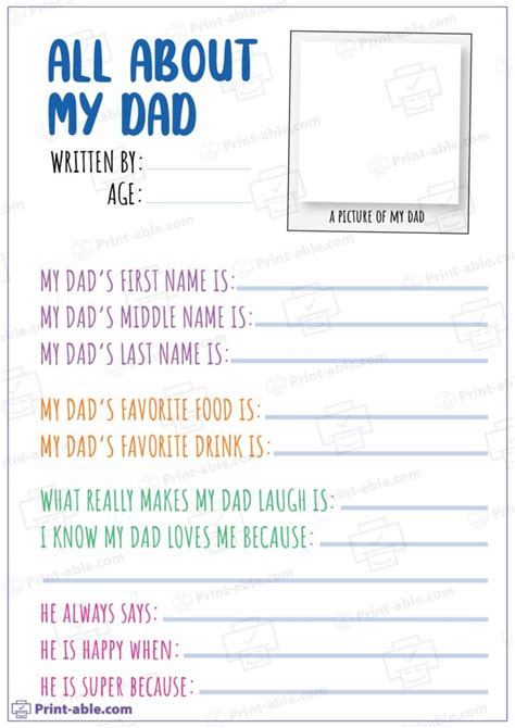 Categories for a Truly Memorable "About My Dad" Printable