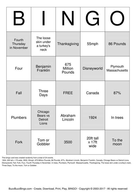 Thanksgiving Trivia Challenge Bingo