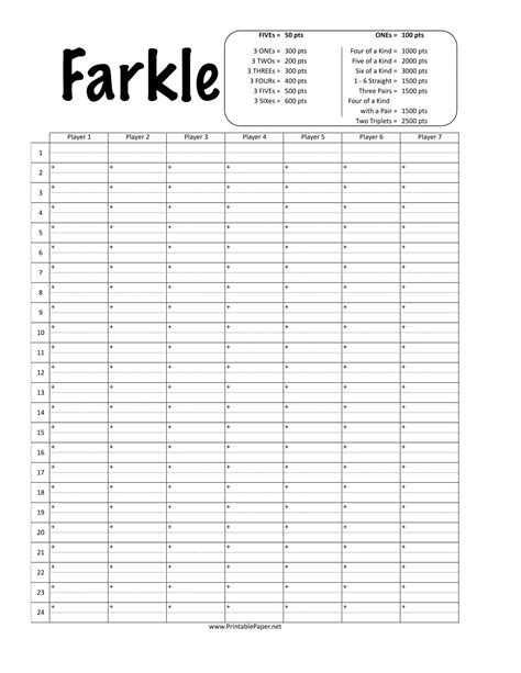 The Classic & Clean Printable Farkle Score Sheet